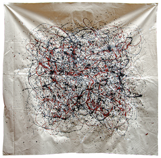painting in the style of jackson pollock, black white and red paint. splatters across a canvas 